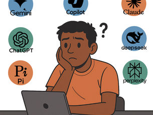 A digital cartoon illustration of a young African-American boy wearing an orange t-shirt, sitting at a table, looking confused while staring at a laptop. A question mark hovers above his head. Surrounding him in a circular layout are icons and logos for several AI chatbots: Gemini, Copilot, Claude, ChatGPT, DeepSeek, Pi, and Perplexity. The background is white, creating a clean and focused composition that highlights his overwhelmed expression and the chatbot choices.