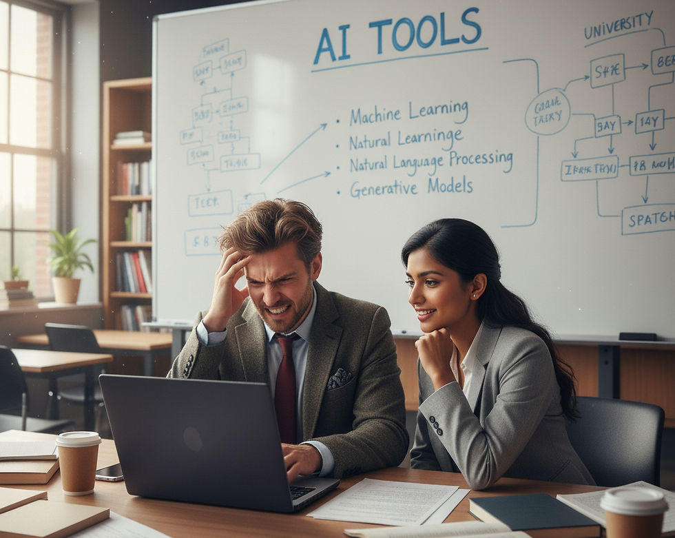 A male professor is frustrated with an AI interface on his laptop, while a female colleague smiles curiously in a university classroom with "AI TOOLS" written on the whiteboard.