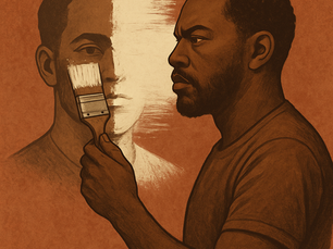 A powerful digital illustration of a determined Black man painting over the whitewashed half of his own portrait with broad strokes. The original portrait shows his full face in detailed realism, while the white paint obscures the left half, symbolizing the erasure of identity. The background is a deep reddish-brown, giving the image a serious, reflective tone as the man takes control of how he is portrayed.