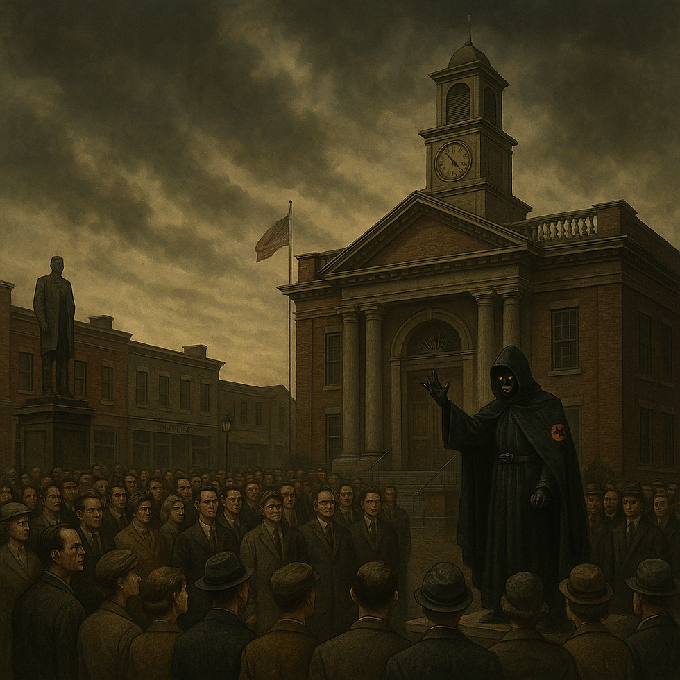 A realistic oil painting of a town center at dusk, featuring a large crowd standing solemnly before a neoclassical brick courthouse. A dark-hooded figure with a sinister smile stands on the steps, symbolizing authoritarian control. The atmosphere is ominous, suggesting compliance with malevolent leadership.