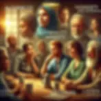 Diverse group discussing around a table in warm light. Words like "Authenticity," "Honesty," and "Listening" appear. Thoughtful mood.