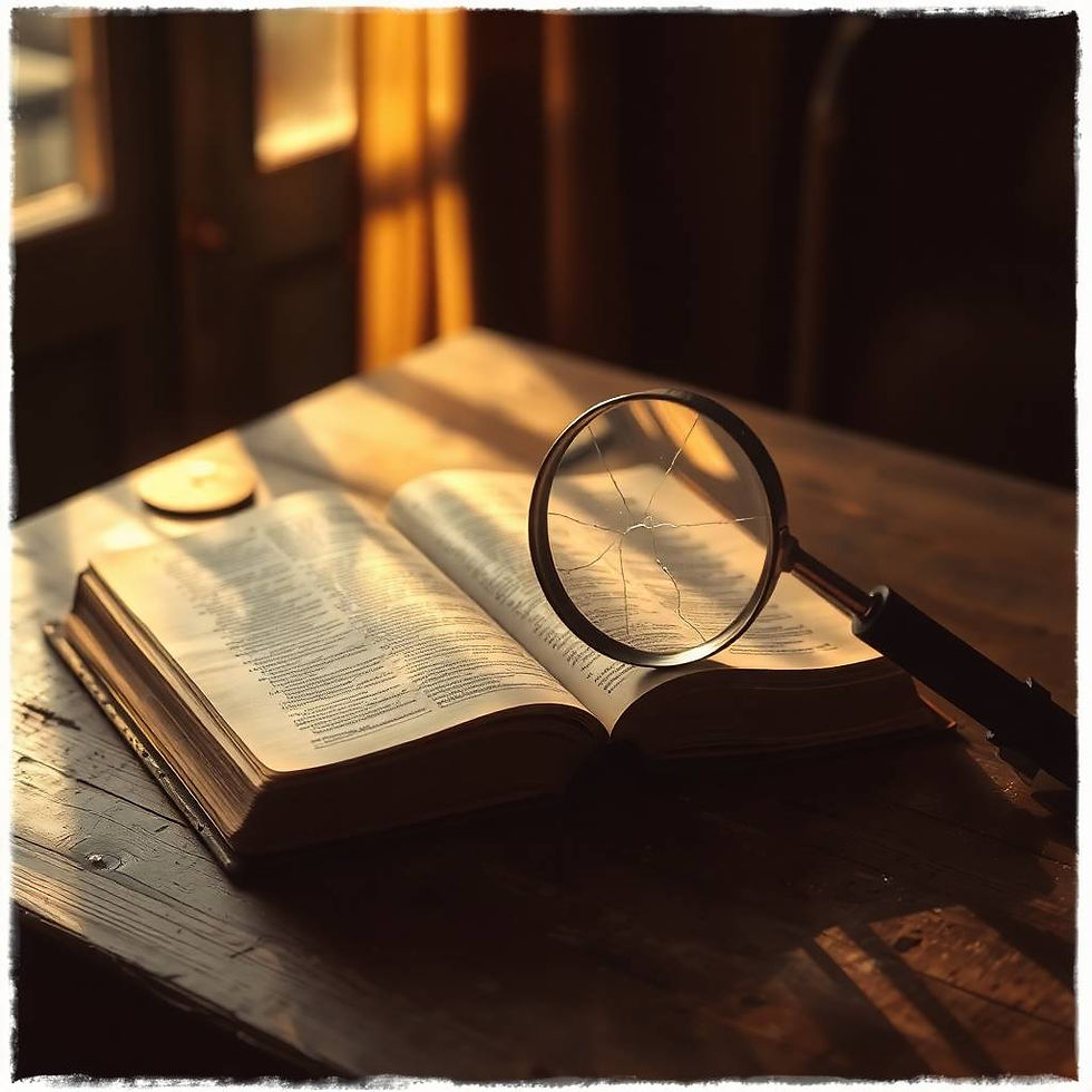 An open Bible rests on a wooden table, illuminated by warm sunlight from a nearby window. A cracked magnifying glass lies across the pages, symbolizing distorted interpretation.