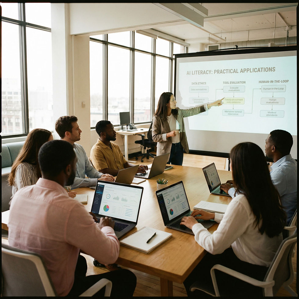 A diverse group of adults seated around a conference table with laptops open while a presenter stands and points to a projected slide titled “AI Literacy: Practical Applications,” showing sections on data ethics, tool evaluation, and human-in-the-loop decision making in a modern office setting.