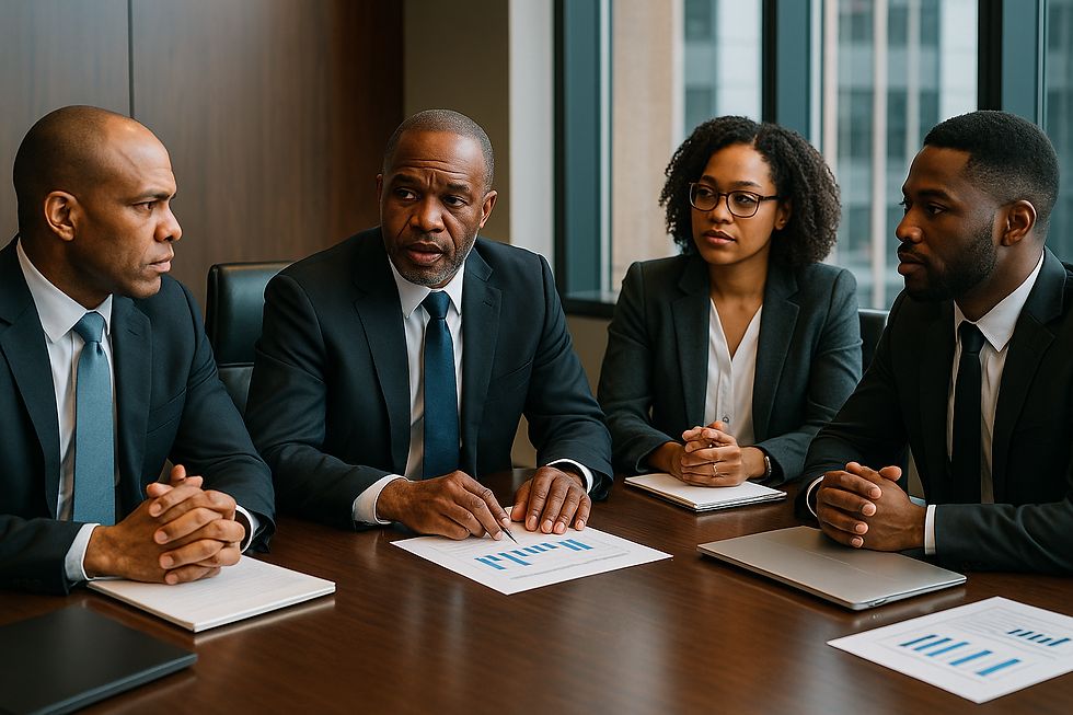 Four African American business professionals sit around a boardroom table, deeply engaged in a strategic discussion. Documents and laptops are visible, symbolizing collaboration, leadership, and sustainable wealth.