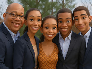 Pixar-style 3D animated portrait of an African American family of five posing outdoors in semi-formal attire. The father stands on the far left wearing glasses, a navy blazer, and khaki pants, smiling warmly. Next to him is the mother, dressed in a beige skirt and navy blazer with a pearl necklace. In front stands their young daughter in a patterned brown dress, smiling brightly. Beside her, two teenage sons wear blazers—one in a full dark suit and the other in a navy jacket with beige pants—both smiling. Behind them are pine trees, a wooden fence, and dry winter grass.