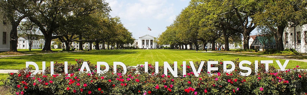 Entrance view of Dillard University’s campus in New Orleans, Louisiana, featuring large white letters spelling “Dillard University” across a landscaped lawn with red flowers, oak trees lining both sides of a wide green lawn, and a historic white academic building centered in the background.