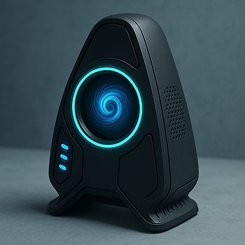 A futuristic, cone-shaped AI device with a glowing blue spiral center and neon accents, resembling an advanced gadget with an unusual, otherworldly design.