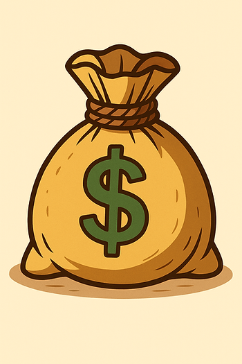 Cartoon-style illustration of a bulging yellow money bag with a large green dollar sign on the front, tied at the top with a brown rope, sitting on a soft beige background.