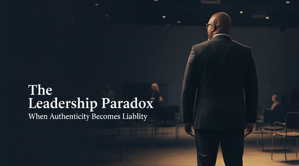 A professionally dressed man in a dark suit stands facing a dimly lit, partially empty room with scattered chairs and a few blurred figures, viewed from behind. The left side of the image fades into a dark gradient with the title “The Leadership Paradox: When Authenticity Becomes Liability.