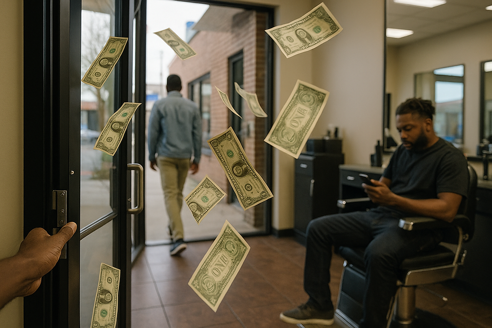 A realistic photograph of a barbershop interior showing an open glass door with dollar bills floating outward. A man is seen walking out of the shop, while a barber in the background is focused on his phone, unaware. The scene symbolizes lost income due to poor customer service or inattentiveness.