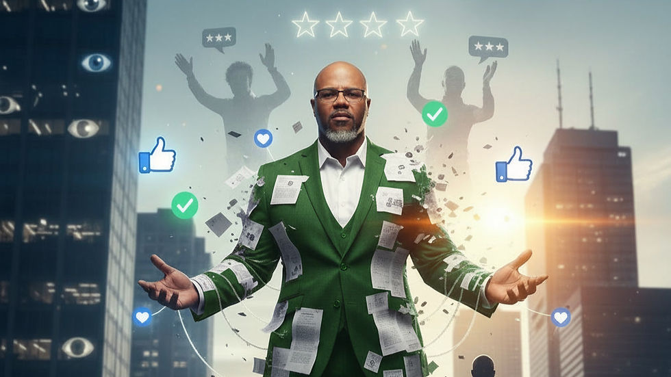 A cinematic, realistic image of a man in a green suit standing confidently in a city skyline, with paper documents and receipts attached to and breaking away from his body. Social media icons such as likes, stars, and checkmarks float around him, while shadowy figures in the background raise their hands in approval. A second silhouetted version of the man stands behind him, symbolizing his true self.