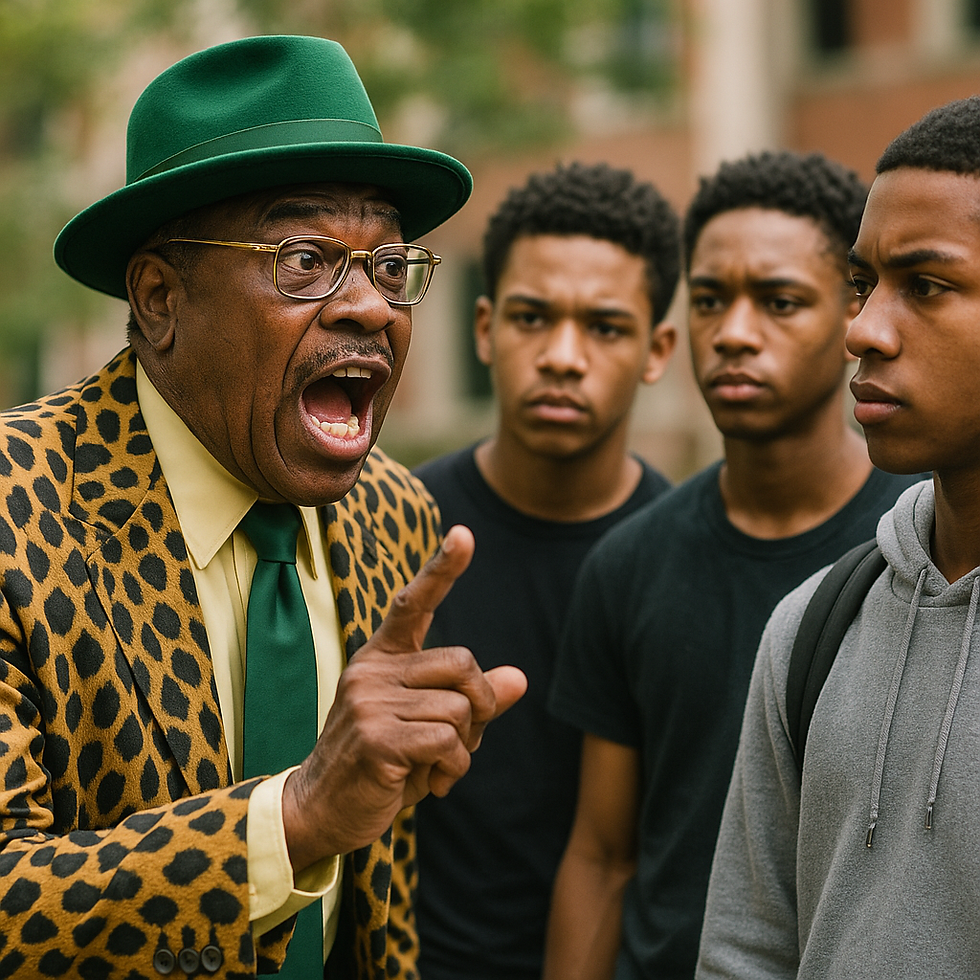 An older African American man wearing a flashy leopard-print suit, green tie, and matching fedora passionately speaks with an animated expression to a group of serious-looking young African American males in casual attire, outdoors near a brick building.