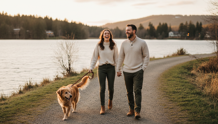 Wide-angle view of a couple laughing with a dog on a quiet lakeside path.