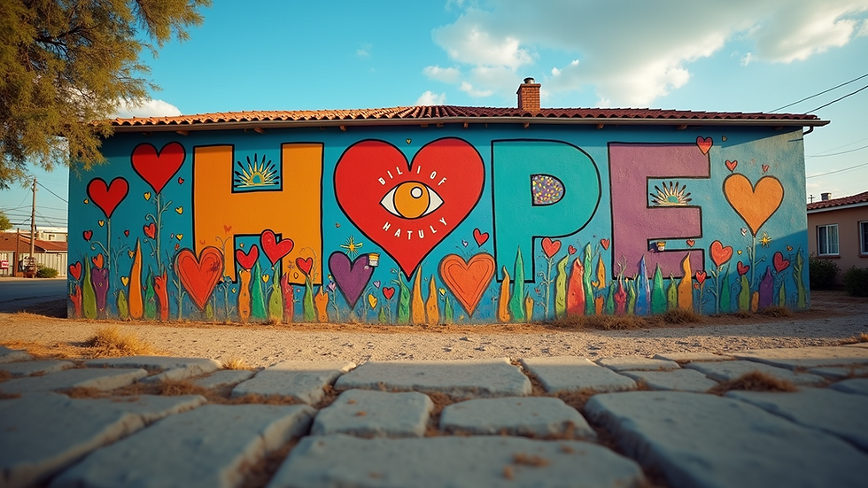 Eye-level view of a vibrant community mural depicting unity and hope