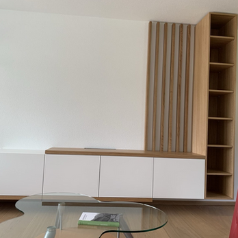 Modernes Sideboard mit Lamellen Wandverkleidung aus Holz in Schwyz