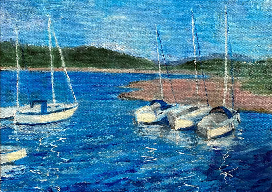 Sailboats in Porlock Weir Harbour - Oil on deep edge canvas