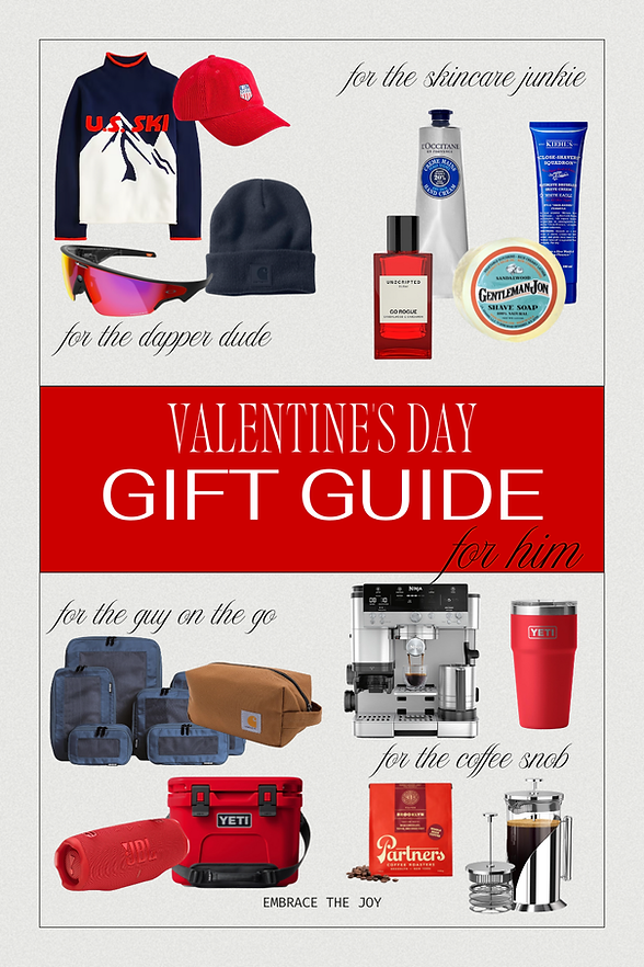 Image displayed shows a flat lay of items recommended in the text below. It includes a US ski sweater and ball cap, Oakley sunglasses, a Carhartt beanie, shaving creams and cologne. It also shows a red Yeti cooler, a red Yeti coffee mug, a JBL speaker, and navy blue packing cubes. It includes pictures of coffee items, like a french press, coffee beans, and a Ninja coffee and espresso machine.