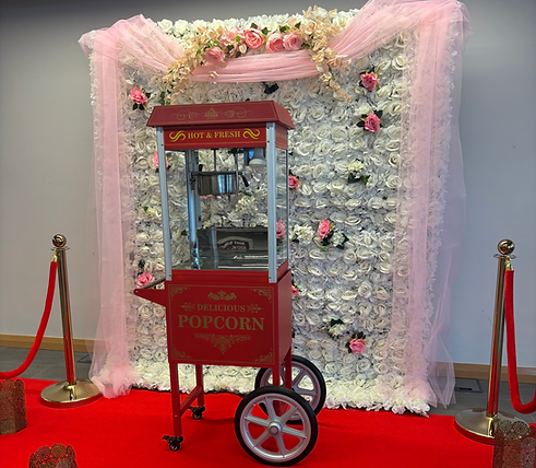 Popcorn Cart with flower wall