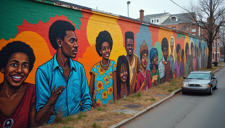 High angle view of a community mural celebrating Black American history and culture
