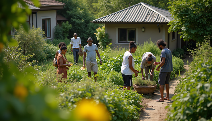 High angle view of a lush communal garden with people working together