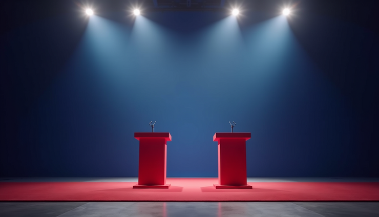 Eye-level view of a political rally stage with empty podiums