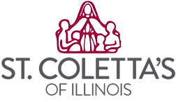 Text under outline of four boys looking up at the Blessed Mother reads "St. Coletta's of Illinois."