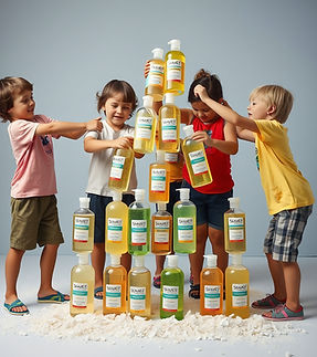 5 boys and girls building a structure out of bottles of shampoo.jpg