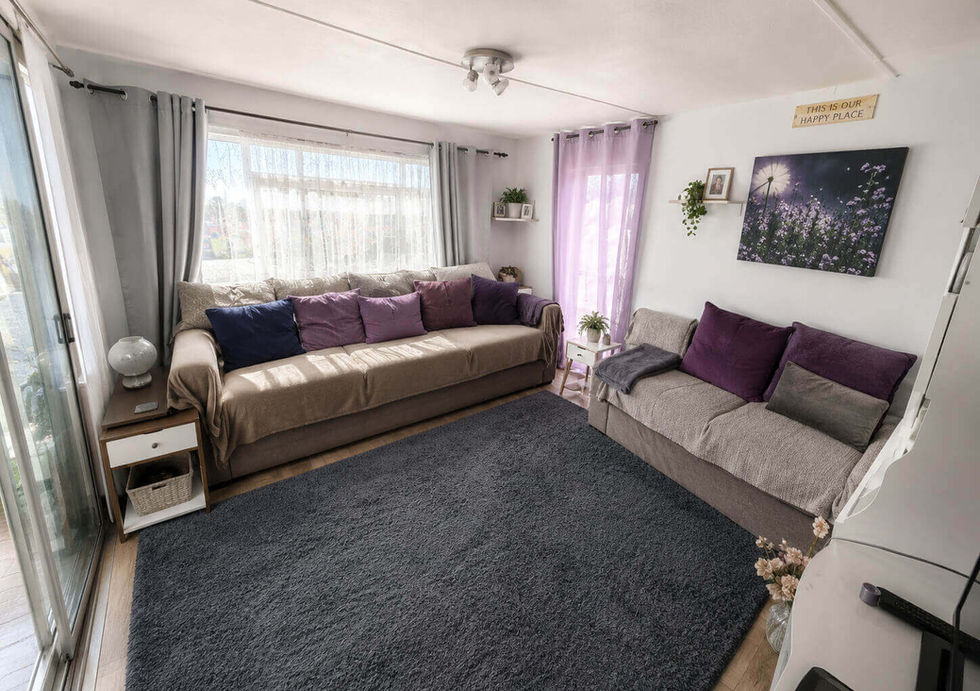 Bright living room with two couches, a dark gray shag rug, and purple accents. Large window with sheer curtains.