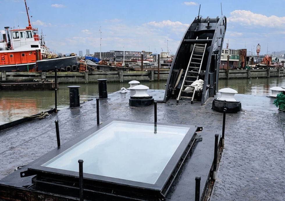 A boat with a ladder moored at the marina, showing the top deck and surrounding water.  