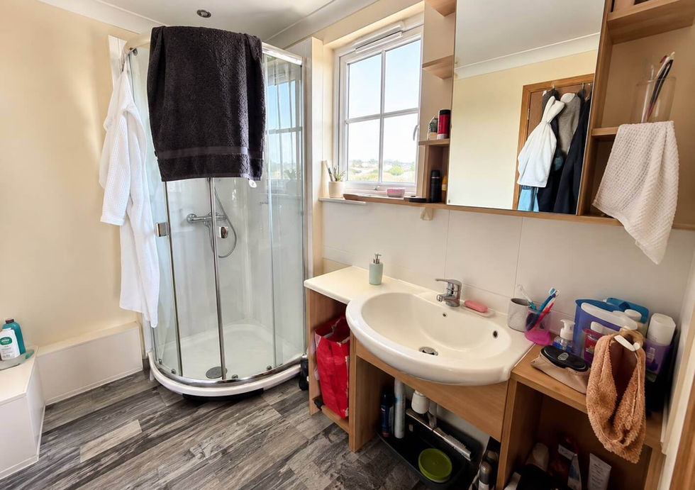 Shower room aboard Perch houseboat with shower enclosure and wash basin.
