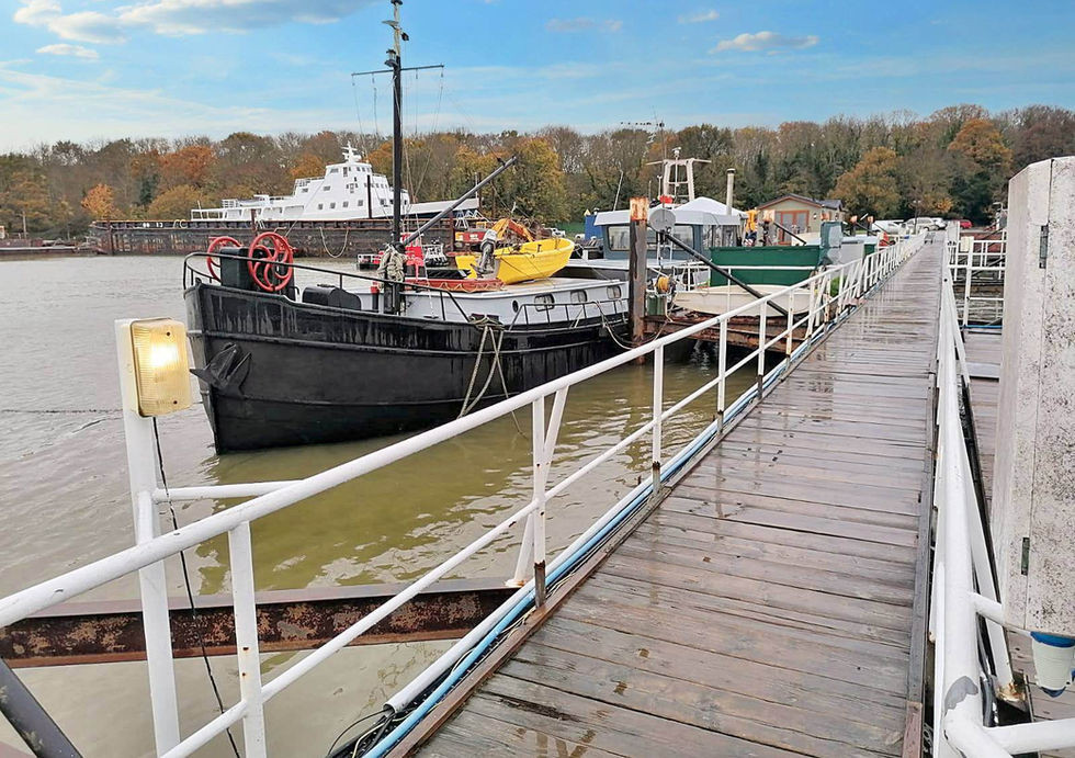 Wooden marina walkway leading to moored boats and houseboats on calm water, with autumn trees and cloudy blue sky in the background.