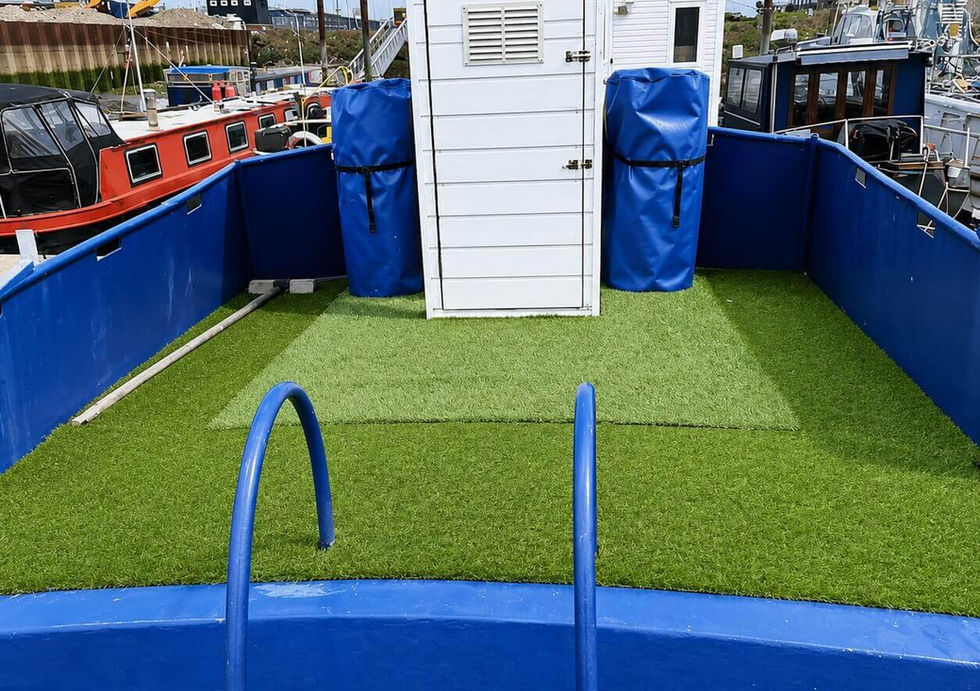 Spacious houseboat roof terrace with artificial grass.