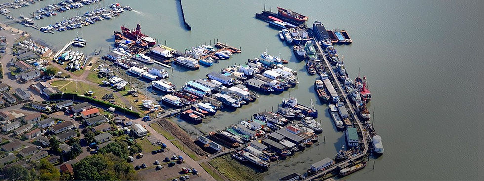 Aerial view of houseboats moored in the marina