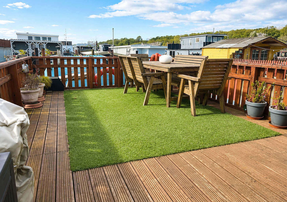 Rooftop deck with artificial grass rug, wooden table, benches, potted plants, and water view with distant buildings.