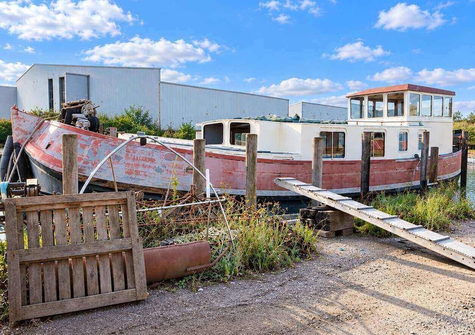 Dutch barge moored beside overgrown riverbank and marina pontoons.