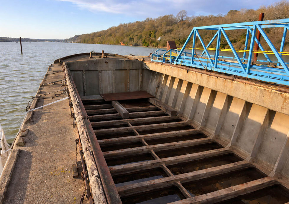 Concrete barge hull exposed, next to a blue metal gangway on a river.
