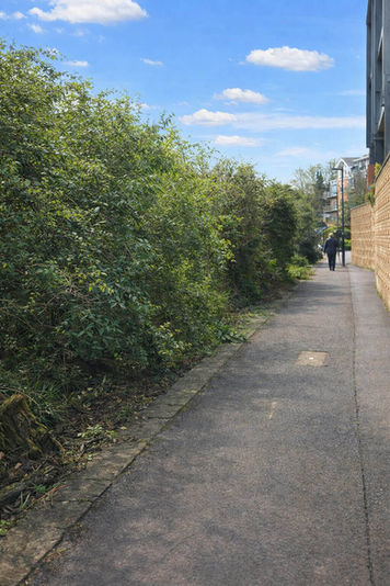 Paved path alongside lush green hedge, building in distance