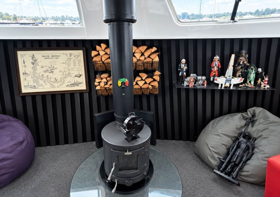 Multi fuel stove in spacious houseboat lounge.