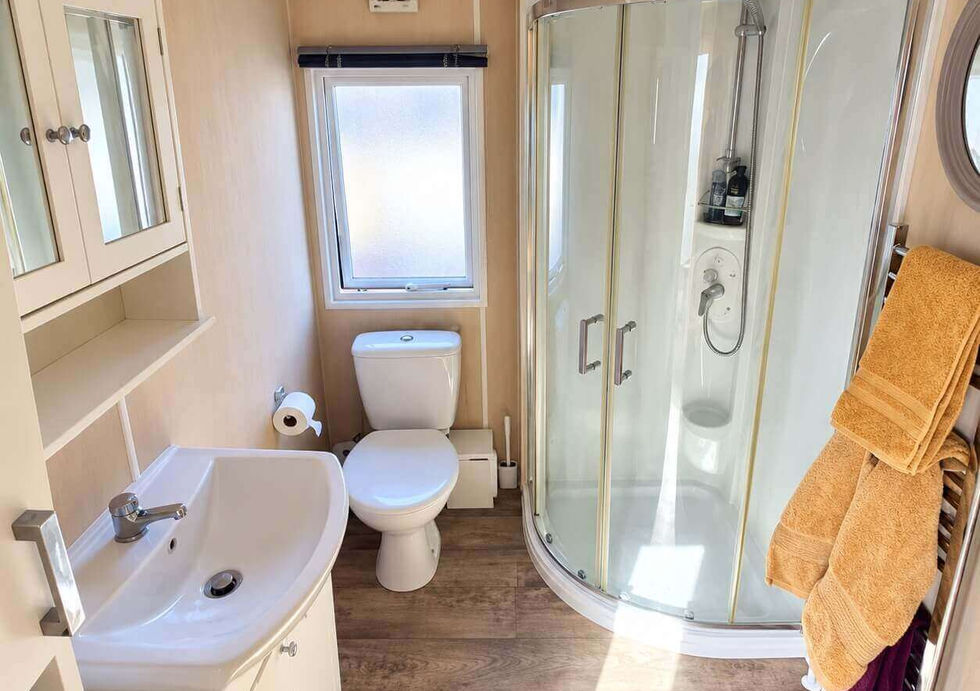 Peggy Rose shower room with large shower cubicle, toilet, basin and heated towel rail.