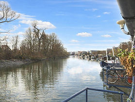 Houseboats moored on a tranquil river