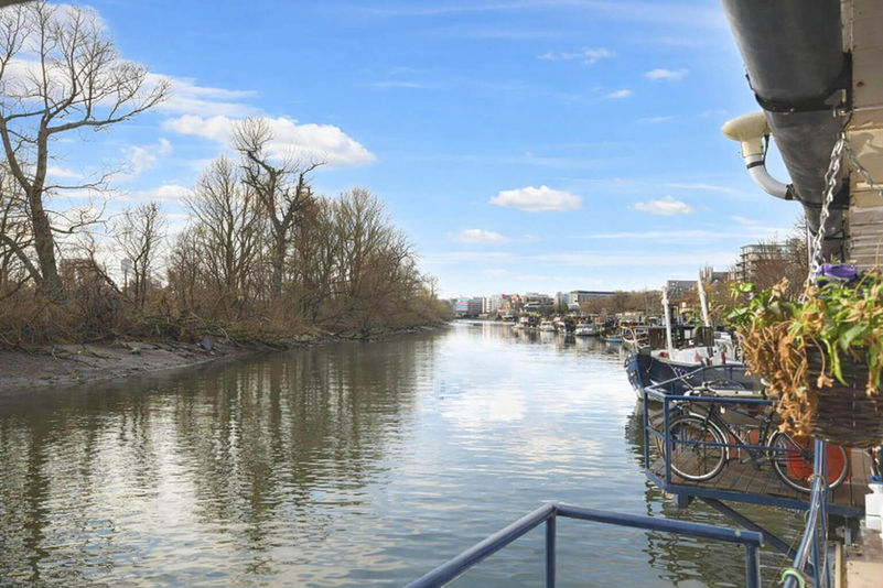 Boats moored on a London canal lined with trees