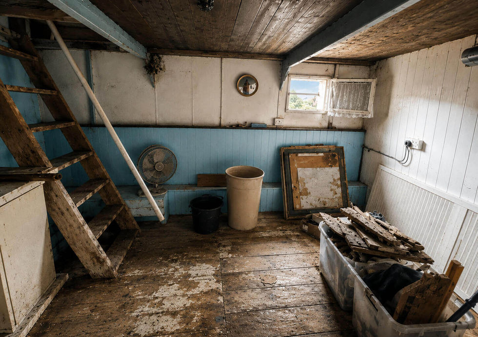An old, worn-down room with wooden stairs, dirty floor, blue wainscoting, a window, and stored junk.