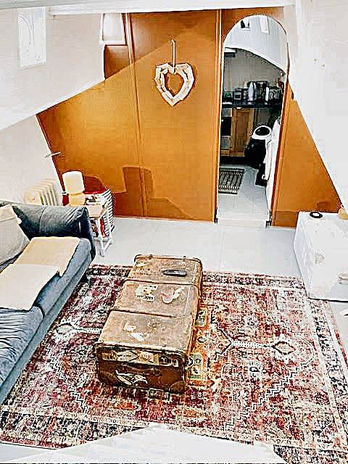 A room with a couch and a suitcase on a rug