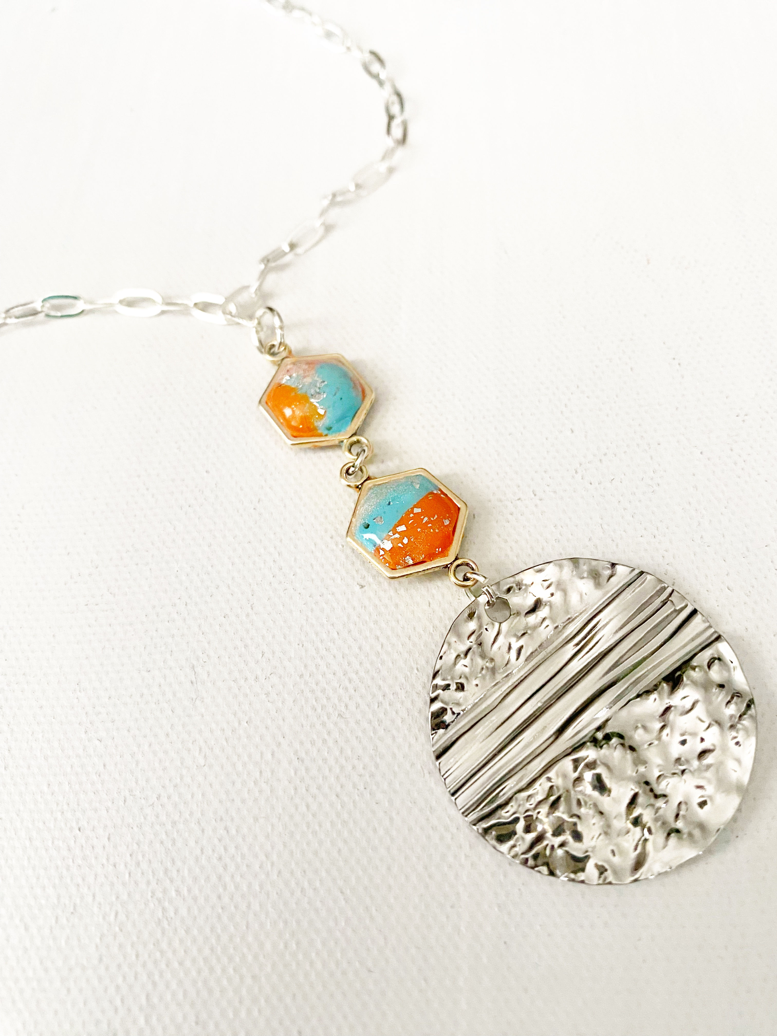 Blue, orange and silver circle drop  pendant necklace