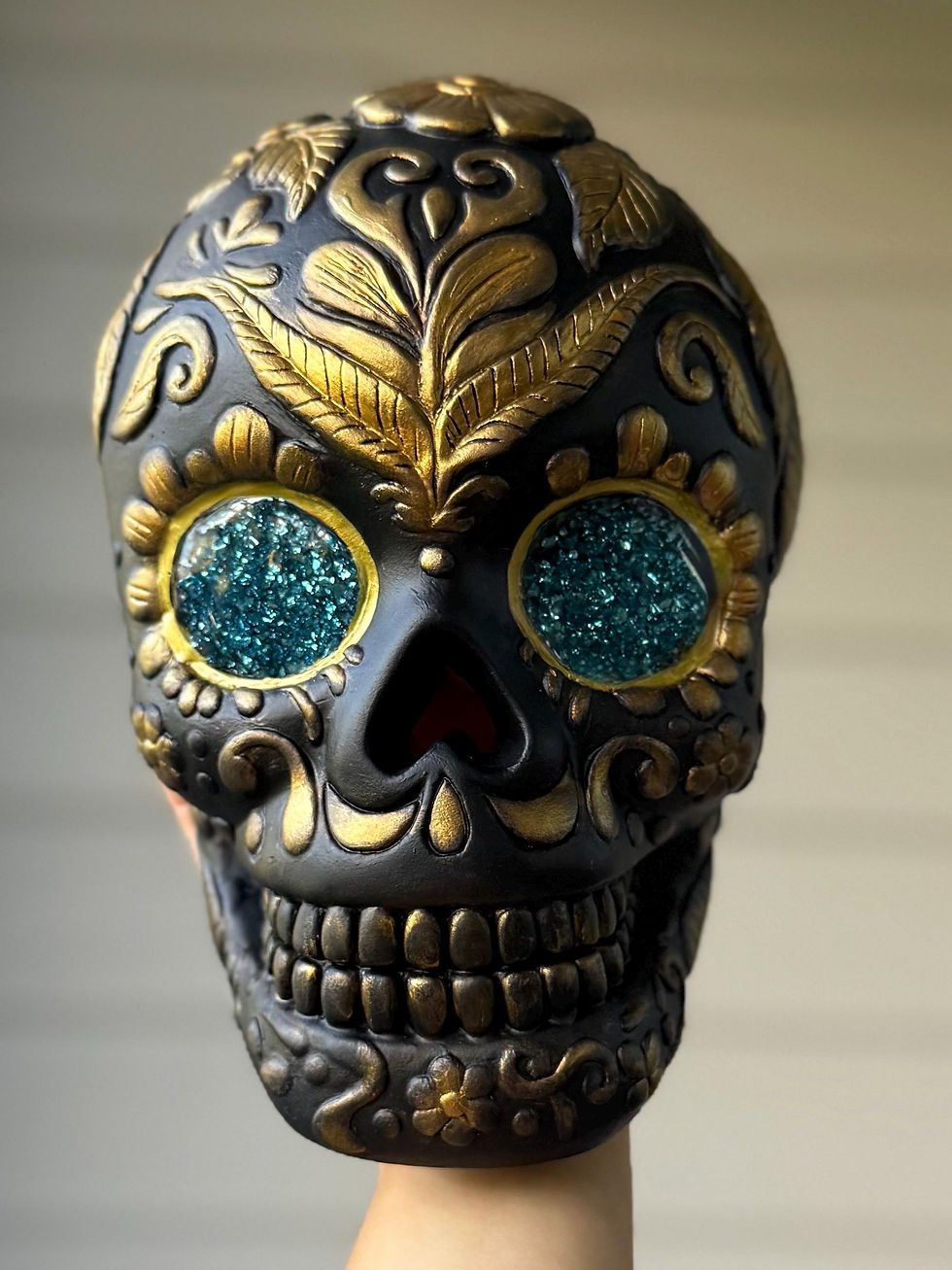 Thumbnail: Luxury Skull Art – Hand-Painted Ceramic with Gold & Resin-Glass Eyes | Collector