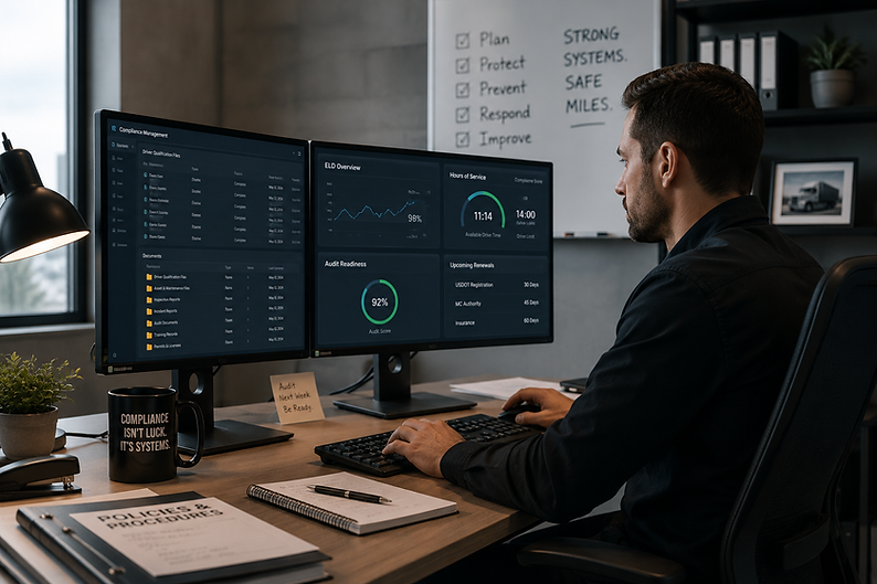 Transportation compliance professional monitoring fleet safety data and compliance reports on dual computer screens.