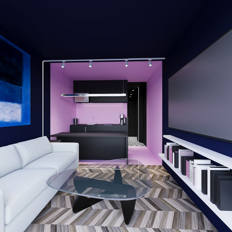 Intérieur moderne par BuilDesign avec canapé blanc et cuisine violette.