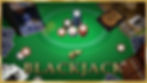 Blackjack game table with chips, cards, and dealer shoe, showcasing the classic casino setup available in Pokerrrr2 blackjack mode