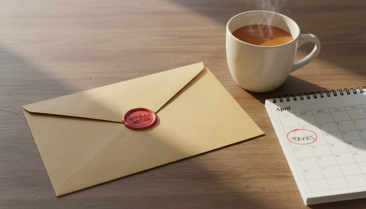 Close-up view of a sealed tax notice on a kitchen table.