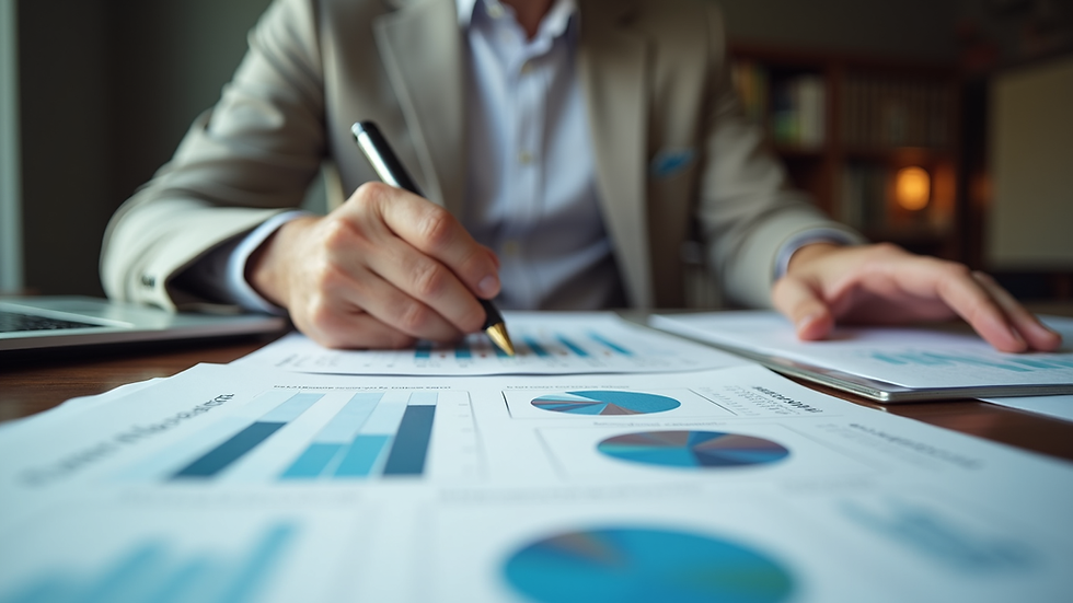 Eye-level view of a Wisconsin small business owner reviewing financial reports at a desk
